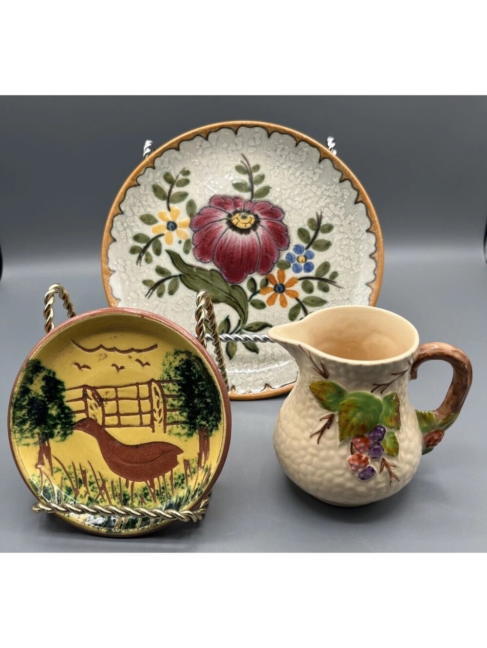 Vintage Pottery Lot 3 Wade Bramble Pitcher, Bertino Gouda & FFA USA Plates